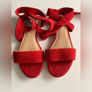 NEW FLAT SUEDE ANKLE TIE SANDAL SIZE 8.5 SCARLET RED SAKS FIFTH AVENUE NWT